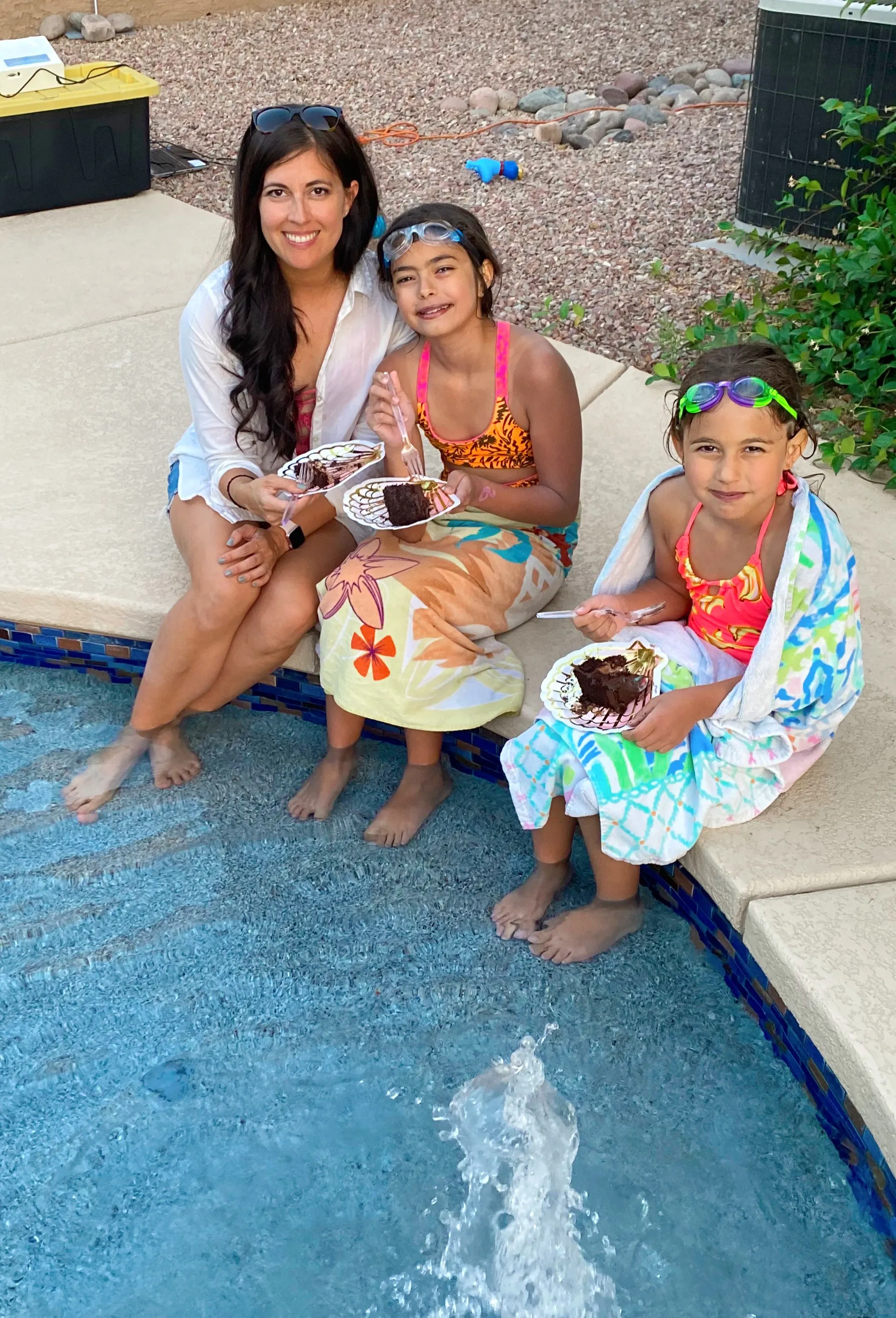 Eating cake with my babies by the pool