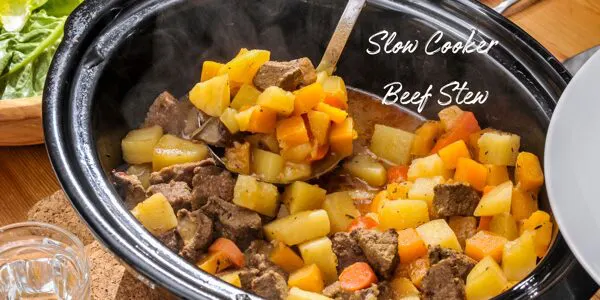 Beef stew in a slow cooker.