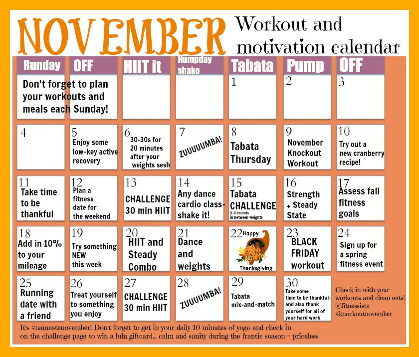 November Workout Calendar The Fitnessista