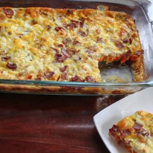 Healthy Egg Casserole with Sweet Potatos, Turkey Bacon and Goat Cheese